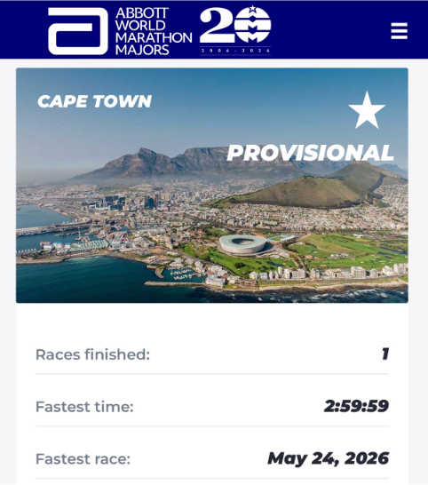 Cape Town Marathon 2026: prowizoryczna gwiazdka AbbottWMM jest już widoczna w Runner Portal